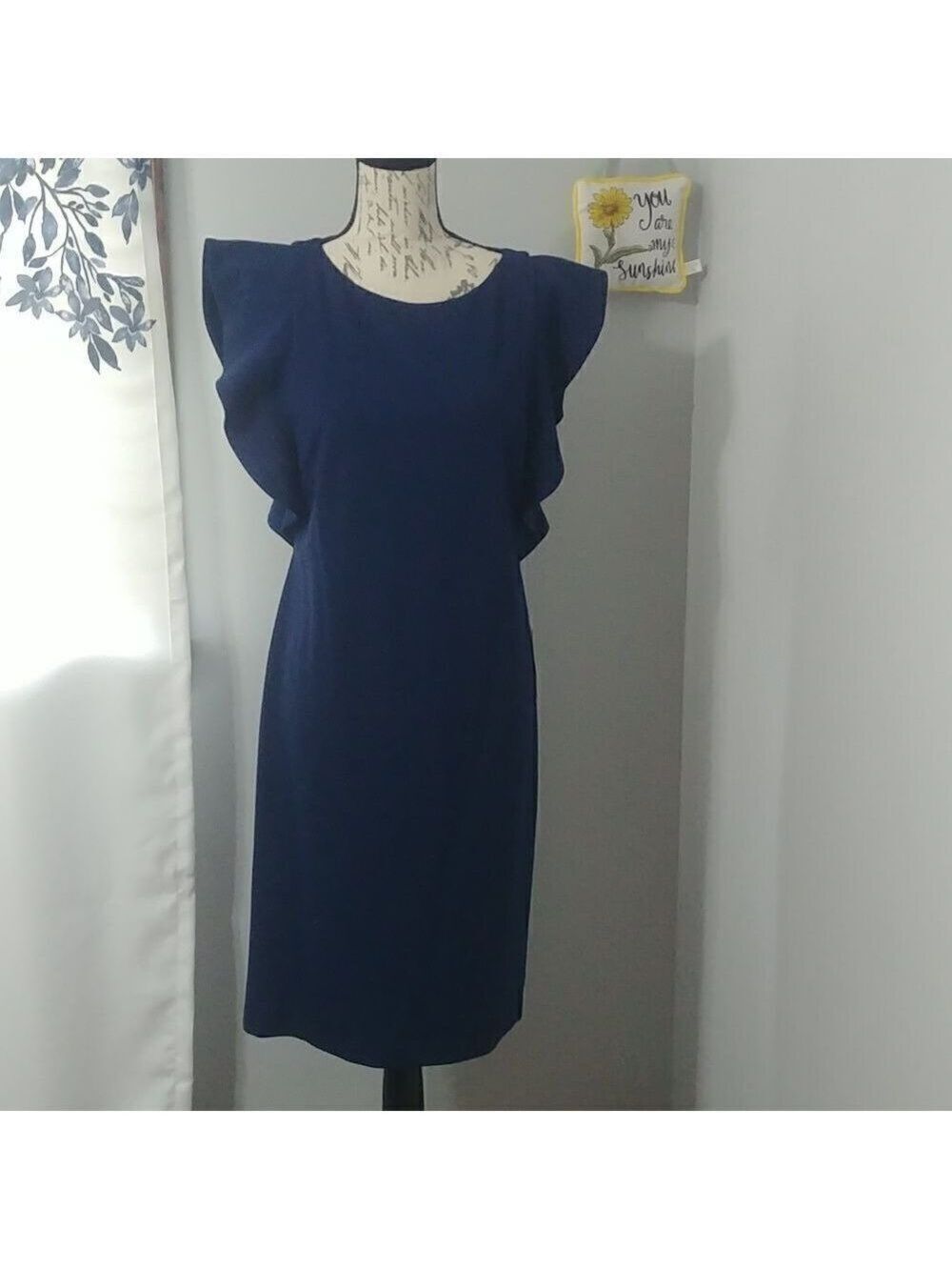 Stunning Navy Blue H by Halston Flutter Sleeve High Neck Dress 12